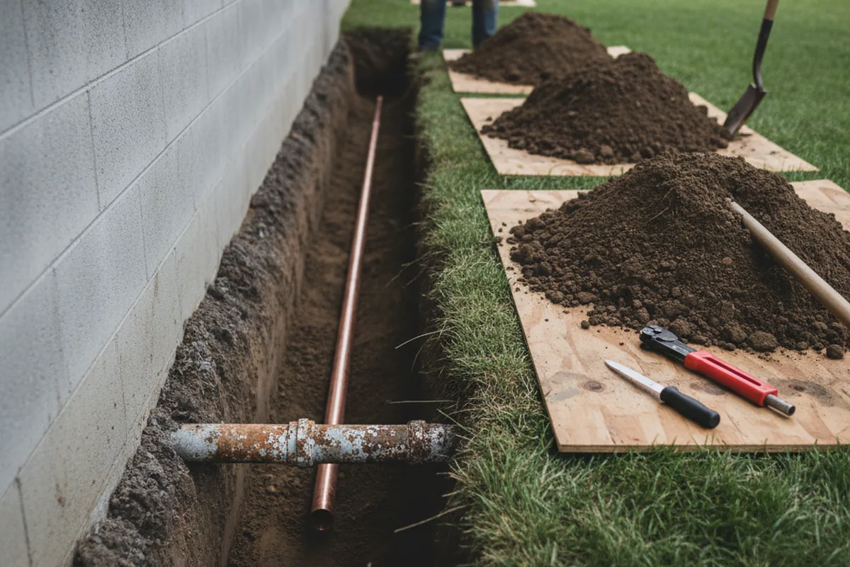 Excavated water line trench during Water Heater Repair in Wooton